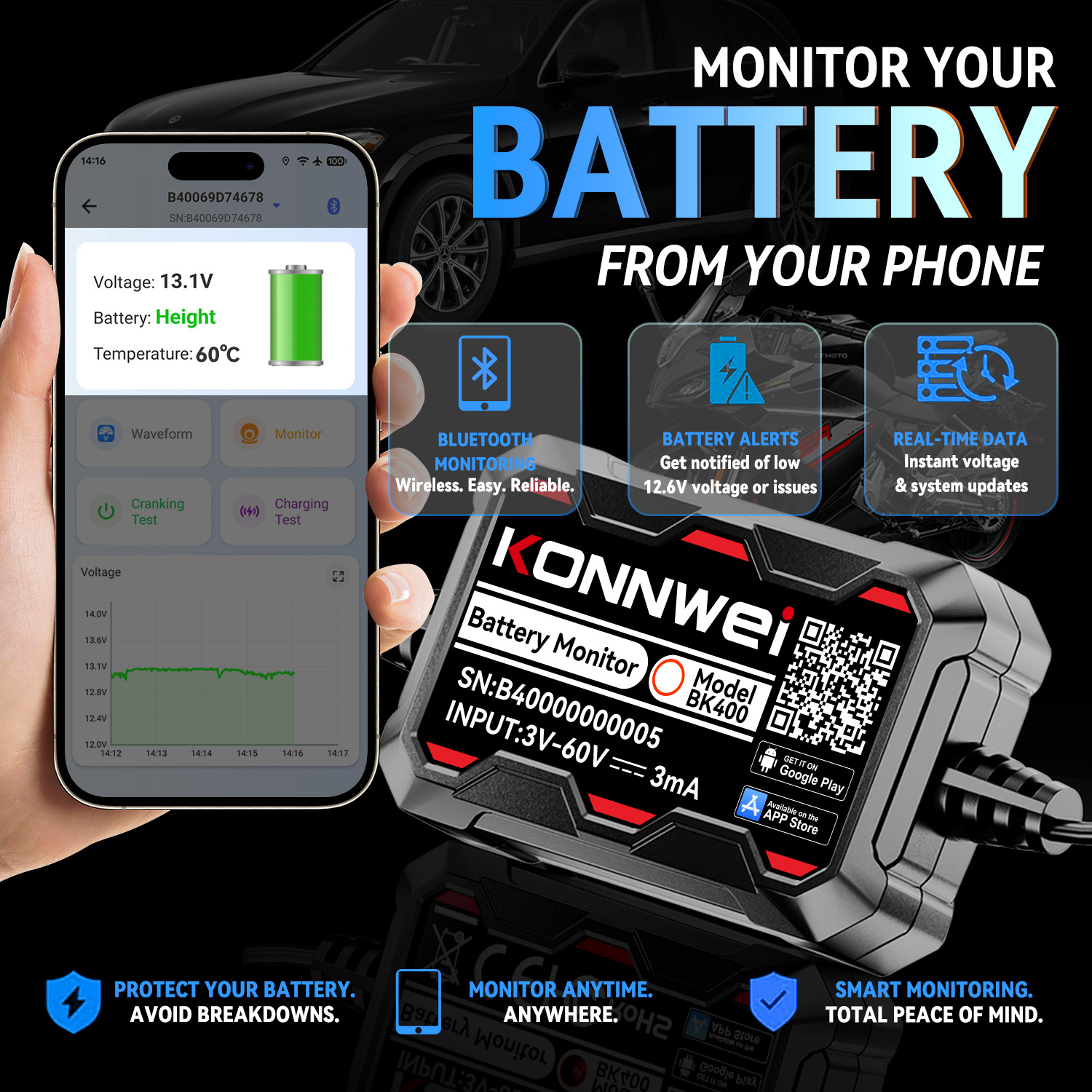 BK400 Bluetooth Car Battery Mo - Battery Monitor Coulometer ulasan dan harga